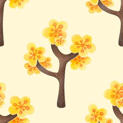 Charming Watercolor Seamless Pattern: Vibrant Yellow-Orange Blossoms on Brown Branches &mdash; Perfect for Cards, Prints, Fabrics