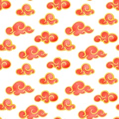 Chinese New Year seamless pattern with red clouds. Spring Festival, Lunar New Year print on white background for fabrics, wrapping gifts, scrapbooking wallpaper, textile. watercolor hand drawn pattern