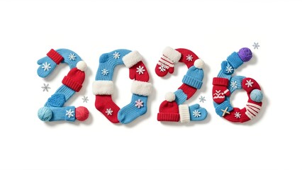 The year 2026 formed by colorful knitted winter hats, mittens, socks, and yarn balls. Decorated with snowflakes on a clean white background, creating a cozy and festive seasonal image.