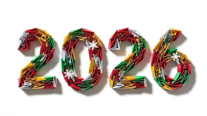 Colorful modular origami numbers spelling '2026' in red, green, gold, silver, with snowflake accents. Festive on a white background, ideal for New Year designs.