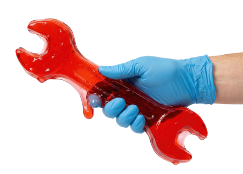 Hand in blue glove holding melting red jelly wrench tool concept of uselessness