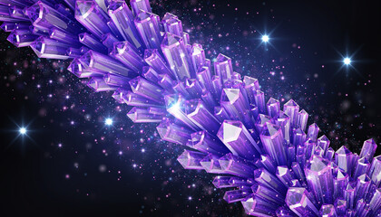 Abstract 3D rendering of glowing purple crystals with sparkling particles in dark space