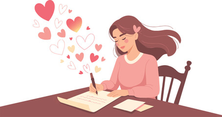 Woman Writing a Letter at Desk Vector Illustration with Hearts Floating Around Expressing Emotion, Feeling, and Passion in Simple Style