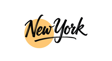 Naklejka premium A stylish 'New York' insignia featuring the city name in black brush script lettering over a simple orange circle.
