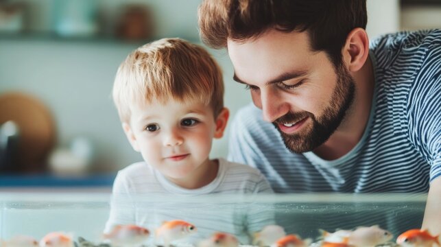 Loving attentive father helping his young son feed their household fish in a sleek glass aquarium at their modern minimalist home A heartwarming family moment of care