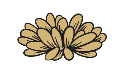 Elegant hand-drawn golden chrysanthemum flower icon. Stylized botanical illustration of a blooming dahlia with delicate petals, isolated on a white background
