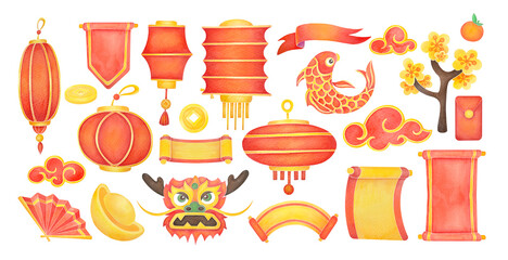 Chinese New Year elements collection. Lunar New Year Set with Dragon, lanterns, coins, fan, yuan bao sycee, koi fish. watercolor illustrations isolated on transparent background. clipart cutout
