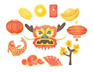 Chinese New Year elements collection. Lunar New Year Set with Dragon, lanterns, coins, fan, yuan bao sycee, koi fish. watercolor illustrations isolated on transparent background. clipart cutout