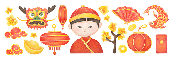 Chinese culture elements set. Spring Festival, Lunar New Year watercolor illustration collection isolated on white transparent background. symbol of luck and wealth. clipart and cut out
