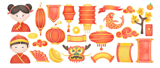 Chinese New Year elements set. Spring Festival, Lunar New Year collection. chinese children in traditional red attire. cute watercolor illustrations isolated on transparent background, clipart cut out