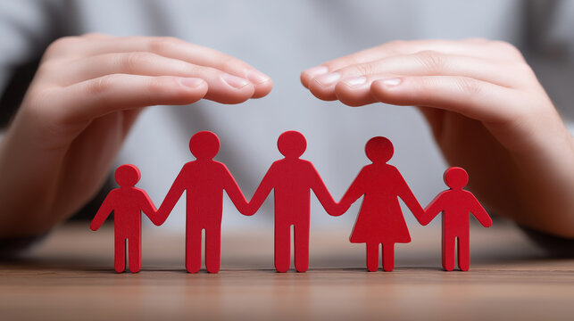 Hands protecting paper family figure symbolizing insurance