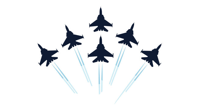 An aerobatic team of seven fighter jets performing in a fan-shaped formation leaving blue smoke trails behind them.