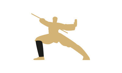 Dynamic golden warrior illustration demonstrating a powerful martial arts pose with a weapon, symbolizing discipline, skill, and focused combat readiness against a clean background