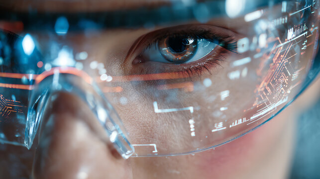 Close-up of a person's eye reflected in smart glasses with digital data, symbolizing innovation and future tech.