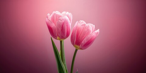 Close-up of two pink tulips with backlighting on a dark background, emphasizing floral delicacy, Earth Day