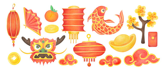 Chinese culture elements set. Spring Festival, Lunar New Year watercolor illustration collection isolated on white transparent background. symbol of luck and wealth. clipart and cut out