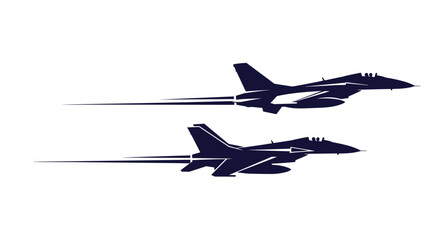 Two dark blue silhouettes of modern military fighter jets flying at high speed leaving motion trails on a white background.