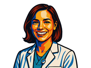 cheerful female doctor in lab coat with stethoscope, ideal for healthcare, medical, or wellness topics. Generative ai vector colorful pop art illustration.