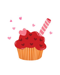 Festive illustration for Valentine's Day Cake with red cream and hearts Vector Isolated on white background