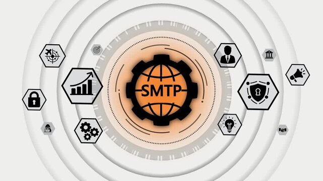 S M T P global network technology concept with business icons for communication security data analysis and strategy