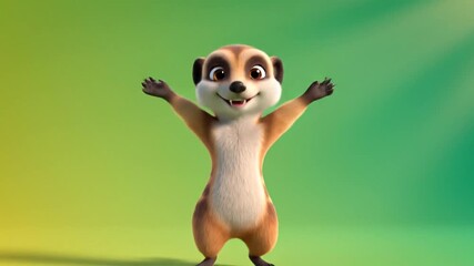 Adorable Animated Meerkat Dances Joyfully with Arms Raised in Vibrant Green Gradient Background