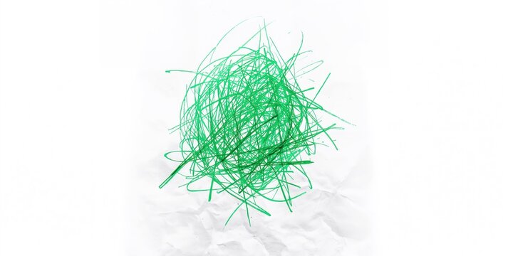 Close-up of a homemade drawing with messy green pencil lines on low-quality paper, emphasizing artistic process and material quality