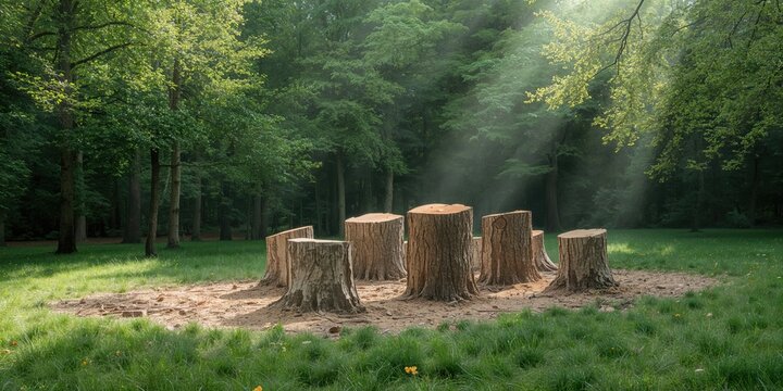 City park with fallen tree stumps, emphasizing urban forestry maintenance