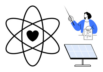 Atomic structure with heart center, teacher holding document and pointing, and solar panel symbolizing science, education, technology, energy, sustainability, innovation, and progress as a simple