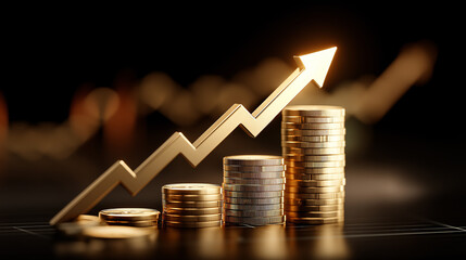 Stacks of gold coins with rising arrow symbolizing financial growth