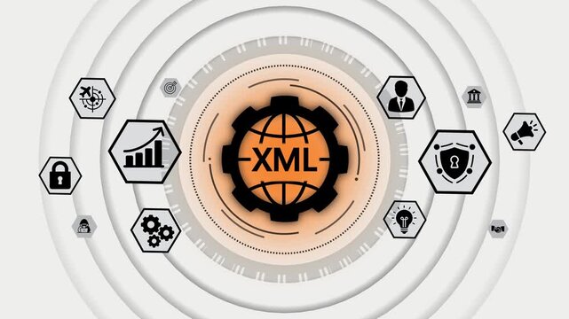 X M L data processing technology concept with global network and business icons cybersecurity analytics growth strategy innovation