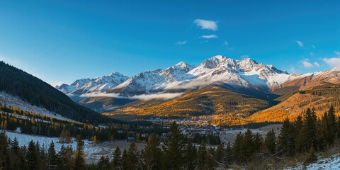 Scenic mountain landscape around a Colorado town under bright sunlight, outdoor winter scene, travel photography