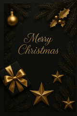 Luxury Merry Christmas Greeting with Gold Decorations on Black Background