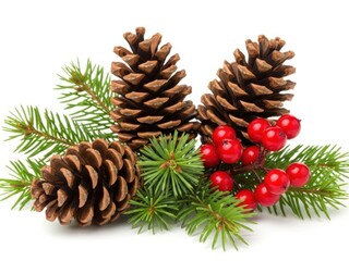 Three brown pine cone decoration with green fir branch and bright red holly berry cluster isolated on white background