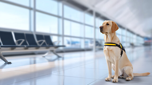 Service dog stands alert in an airport, symbolizing travel assistance, protection, and the supportive role of a reliable companion.