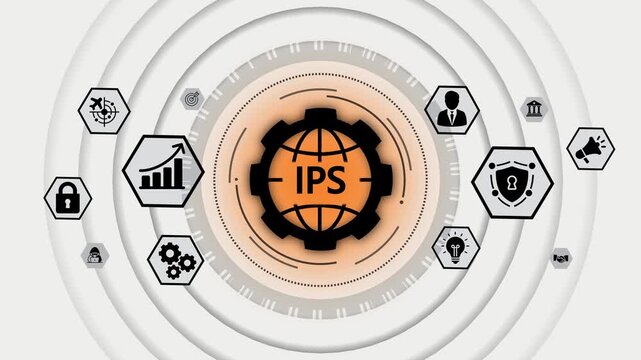 Global I P S network security technology innovation business strategy concept with digital icons representing data protection growth marketing and teamwork