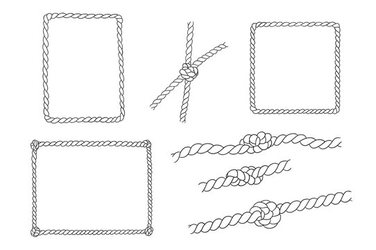 Rope rectangle and square frames set. Nautical outline vector border. Hand drawn line art