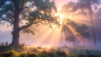 Golden sun rays burst through foggy forest trees creating a mystical and serene atmosphere