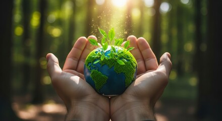 Two cupped hands gently holding a small, vibrant green earth model sprouting new life in a sunlit forest