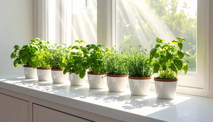 Healthy Potted Herbs Lined Up on a Windowsill with Sunlight Rays kitchen basil