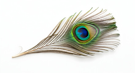 Obraz premium Single Iridescent Peacock Ocellus Feather Isolated on a Clean White Background