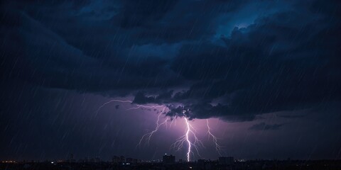 Night cityscape with a heavy thunderstorm featuring lightning strikes and dark rain clouds, emphasizing urban weather hazards