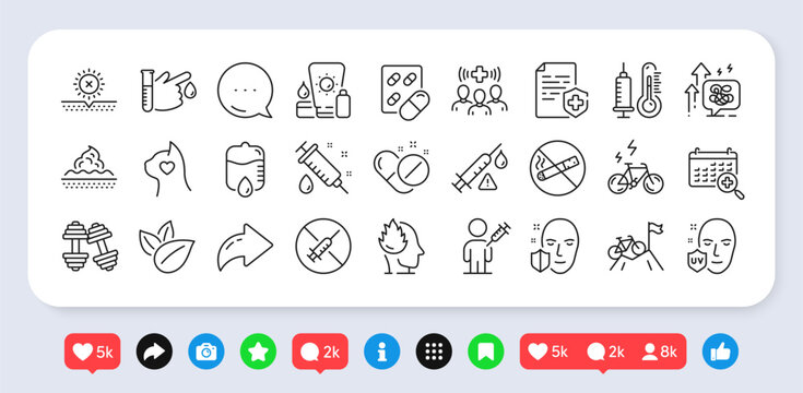 E-bike, No sun and No smoking line icons pack. Social media: share, comment, like icons. Medical staff, Mountain bike, Blood donation web icon. Vector - Powered by Adobe