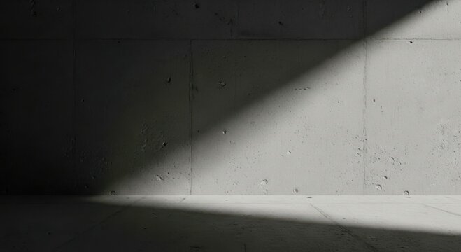 Dramatic diagonal beam of sunlight illuminating a rough, textured concrete wall and floor surface
