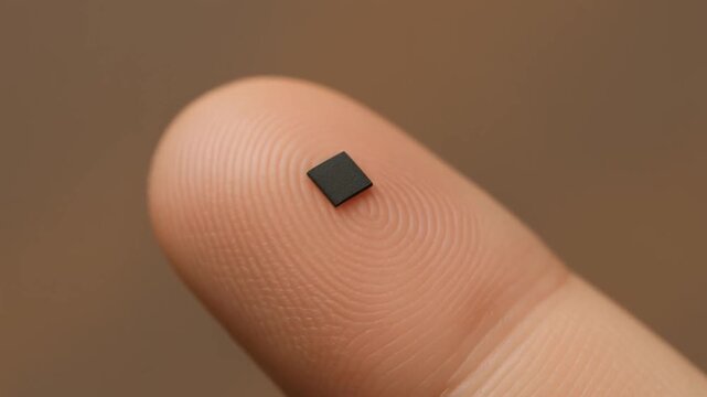 neurotechnology device concept. Microchip on fingertip showcasing technology and precision.