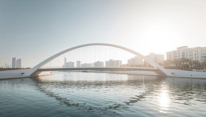 Naklejka premium Modern white bridge structure in a city setting, emphasizing contemporary architecture for urban travel, World Architecture Day