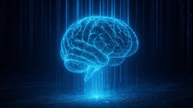 neurotechnology device concept. Digital brain illustration with data streams and circuitry effects.