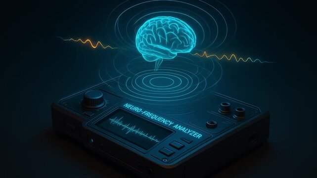 neurotechnology device concept. Neuro frequency analyzer with brain wave visualization.