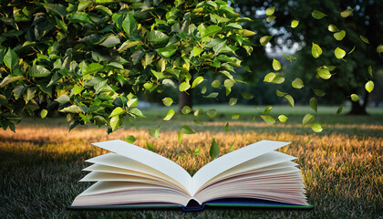 Open Book on Grass with Falling Leaves Under a Lush Green Tree reading knowledge