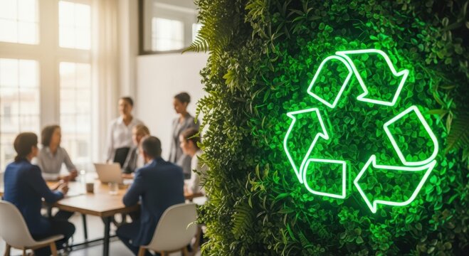 Neon green recycling symbol glowing on a vertical garden wall during a business meeting about sustainability