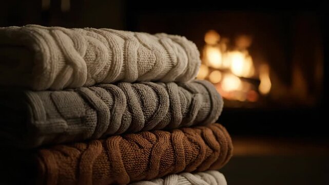 Stack of cozy knitted blankets with warm fireplace in background